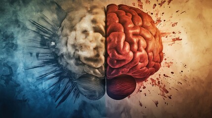 hemisphere. Split human brain illustration contrasting creative and logical sides with warm and cool colors. wellbeing guides, coaching materials, designed for coaching and self-improvement content.