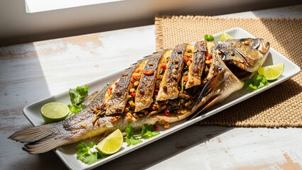 A whole roasted or fried fish seasoned with spices, sliced for serving, and garnished with fresh lime and cilantro, bathed in bright, natural light by a window.