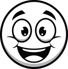Funny cartoon emoticon face with big eyes and excited smile, black and white vector illustration character isolated on white background for design.