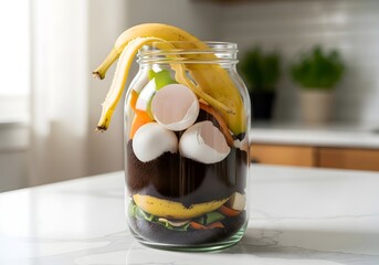 Glass jar filled with food scraps for composting: banana peels, eggshells, and vegetable trimmings.