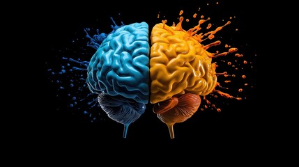 hemisphere. Split human brain illustration contrasting creative and logical sides with warm and cool colors. wellbeing guides, coaching materials, designed for coaching and self-improvement content.