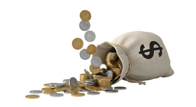 Money bag with coins spilling out isolated on transparent background, symbolizing wealth and prosperity - Powered by Adobe