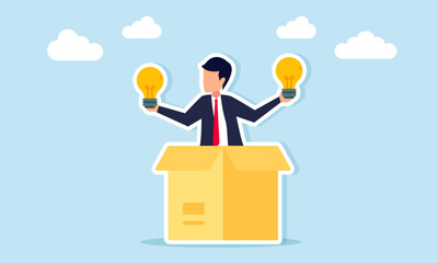 Businessman emerging from a box holding a lightbulb illustration of archived stock ideas and business innovation