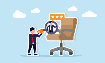 Businessman hold a magnifying glass to examine an office chair with another businessman and three star icons illustration of finding top quality candidates for strategic positions