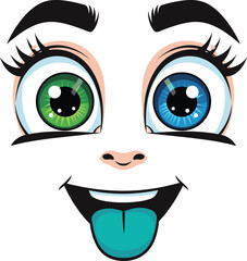 Funny cartoon face vector with different colored eyes and blue tongue sticking out, happy crazy expression character isolated on white background for design.