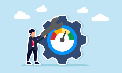 Businessman holding an engine key near gears with a level indicator illustration of maintaining business system performance