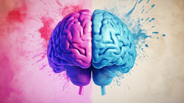 hemisphere. Split human brain illustration contrasting creative and logical sides with warm and cool colors. wellbeing guides, coaching materials, designed for coaching and self-improvement content.