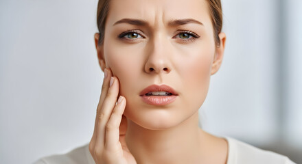 Close up of woman touching cheek with expression of tooth pain or jaw discomfort caused by dental pr 89449369 1