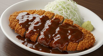 Crispy Breaded Fried Pork Cutlet with Dark Sauce on White Plate with Cabbage and Wasabi