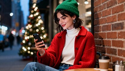 a beautiful woman using mobile phone at coffee shop and christmas tree background
