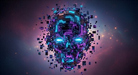 Futuristic Cybernetic Face with Circuitry and Digital Elements on a Cosmic Backdrop