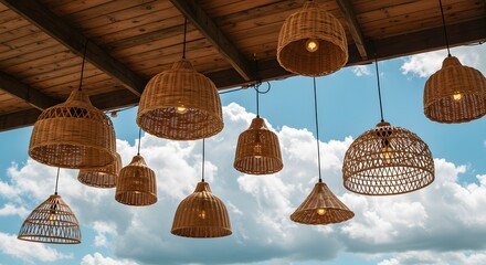 Wicker Pendant Lights Hanging Under Wooden Roof Over Bright Blue Sky