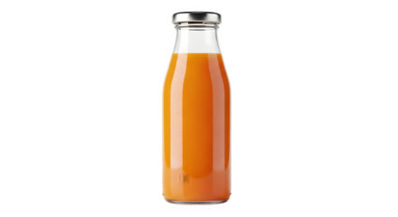 A glass bottle filled with orange juice isolated on transparent background is displayed