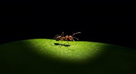 Ant Walking on Green Leaf Under Dark Background in Close Up