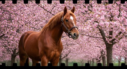 Brown Horse Standing in Blossom-filled Cherry Orchard During Spring