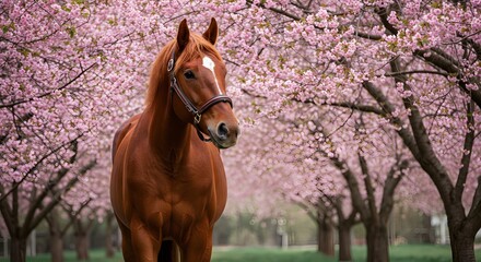 Brown Horse Standing in Cherry Blossom Orchard with Pink Flowers and Green Grass