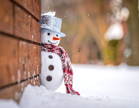 Whimsical snowman with top hat, scarf, peeking from wooden structure