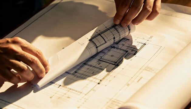 Hands unfolding blueprint plans architecture design concepts