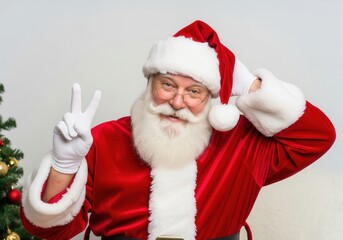 Cheerful Santa Claus in Classic Red Suit Making Peace Sign For Christmas
