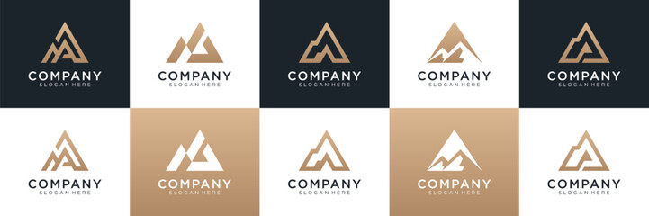 Set of mountain with letter A logo design. Universal icon for business and branding. minimalist elegant luxury design vector illustration.