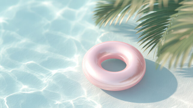 Pink inflatable donut float resting in clear turquoise water, surrounded by tropical palm leaves, evoking a relaxing summer vibe and leisure time
