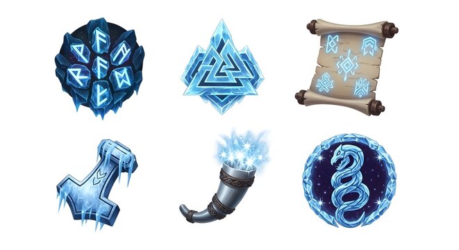 Norse Mythology Symbols: Frozen Runes, Valknut, Scroll, Mjolnir, Horn, Jormungandr. Game Asset, Icon Set, Isolated on White.