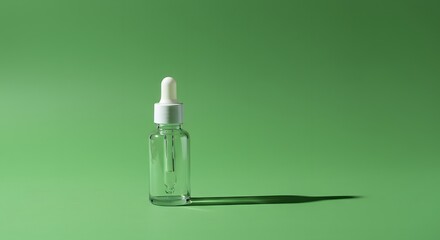Clear Glass Dropper Bottle with White Cap on Green Background