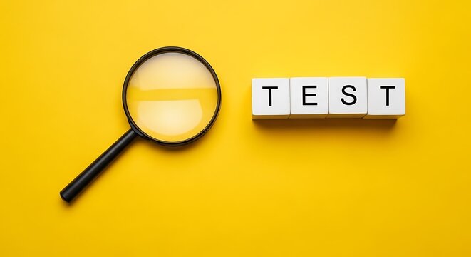 Magnifying glass and test word blocks on yellow background for inspection