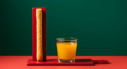 Minimalist Breakfast Scene with Tall Bread and Glass of Orange Juice on Red Cutting Board