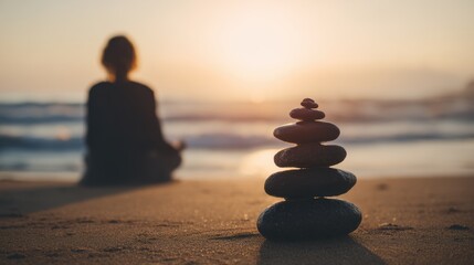 Person in meditation pose on beach with balanced stone tower at golden hour, gentle waves and serene expression for mindfulness and inner peace wellness concept