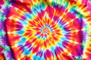Colorful Starburst Tie Dye Fabric Texture Background The design features a warm core transitioning to cooler blues and purples at the edges.