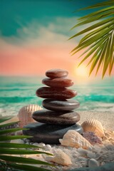 Tall balanced stack of polished stones with white shells and palm fronds on tropical beach, turquoise water and sunset glow for luxury wellness retreat concept