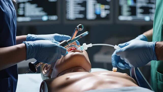 Healthcare workers learn life-saving intubation techniques on a patient dummy