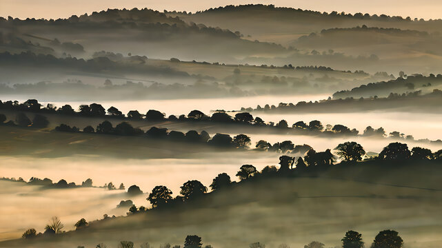 Misty morning landscape photography of rolling hills and trees in foggy weather nature scenic views - Powered by Adobe