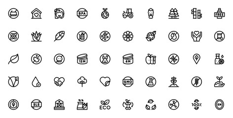 Eco friendly product icon set. Minimal vector icons ack featuring organic, bioegradable, vegan, cruelty ree, gluten free, sustainale, BPA free and more.