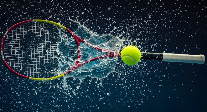Tennis Racket and Ball Splash Action in Dark Background for Sports Photography