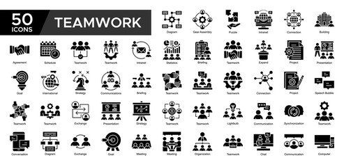 Teamwork collection set. Statistics, Supervised ,Teamwork, Project , Presentation, Strategy , Communications, Diagram, icon. Simple Glyph vector illustrati