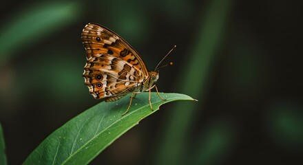 Fototapeta premium Brown Butterfly Resting on Green Leaf in Natural Environment