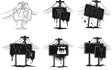 Naklejka premium Collection of distressed melting signboard illustrations with dripping effects, broken signage, grunge style artwork, damaged boards, black and white vector design