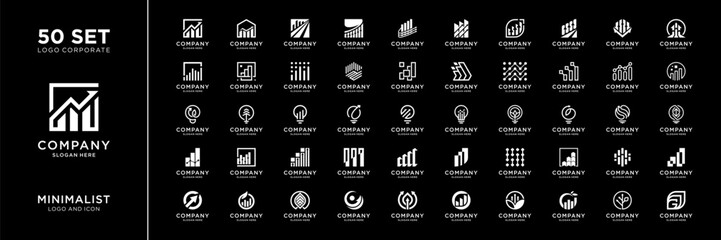 Mega logo collection. Abstract business statistics financial diagram chart bar logo design inspiration. Geometric logo icon vector isolated on black background.
