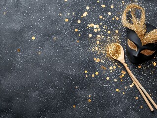 A black masquerade mask adorned with gold glitter sits next to a wooden spoon filled with gold glitter on a dark, textured surface.