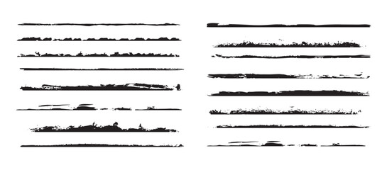Black grunge brush stroke lines with distressed textures and rough ink edges. Ideal for backgrounds, dividers, borders, posters, and creative graphic design projects.