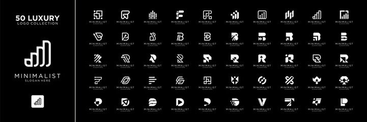 Mega logo collection. Abstract business financial diagram chart bar logo design inspiration. Geometric logo icon vector isolated on black background.
