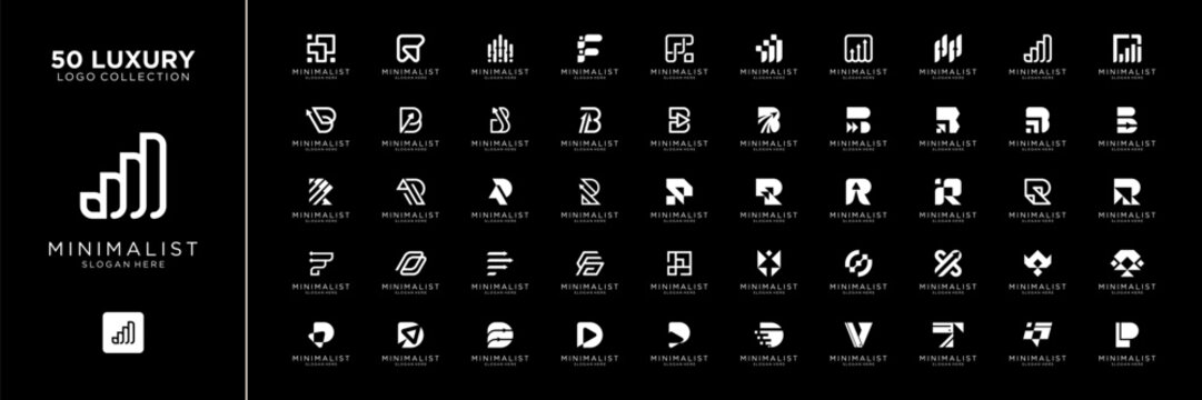 Mega logo collection. Abstract business financial diagram chart bar logo design inspiration. Geometric logo icon vector isolated on black background.