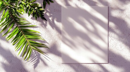 A blank white sheet of paper is placed on a textured surface, with green palm leaves casting dappled shadows.