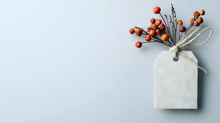 A blank white tag with a twine tie is decorated with dried berries and branches, set against a soft blue backdrop.