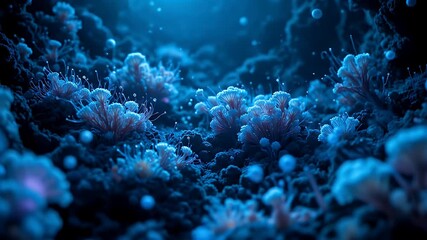 Deep ocean abstract animation of aquatic plants with luminescent particles creating a beautiful scene