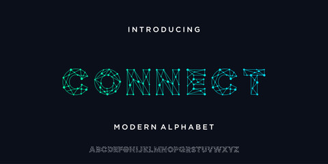 Modern minimal alphabet font with tech connection. Abstract geometric uppercase letter technology typeface.