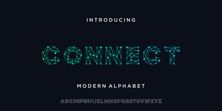 Modern minimal alphabet font with tech connection. Abstract geometric uppercase letter technology typeface.