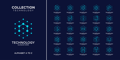 Modern minimal abstract alphabet fonts. Uppercase initial letter with hexagon circuit connection tech logo.